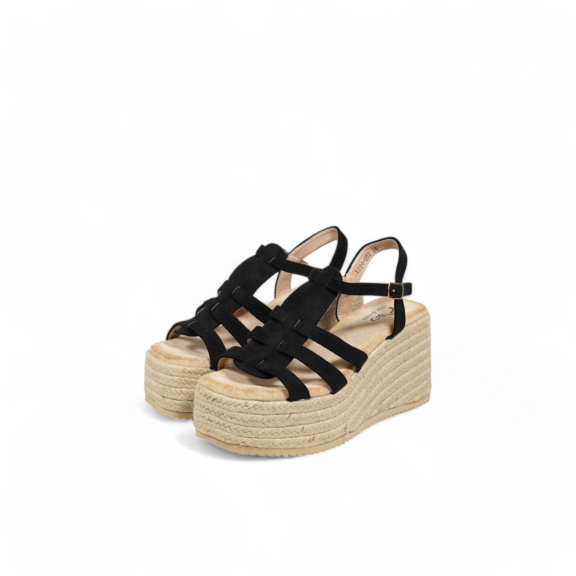 Sandalias de plataforma con cuña de yute y tiras finas cruzadas en efecto ante – Diseño cómodo y moderno para verano – Estilo boho chic disponible en negro, camel y dorado – Ideal para vestidos, shorts o jeans