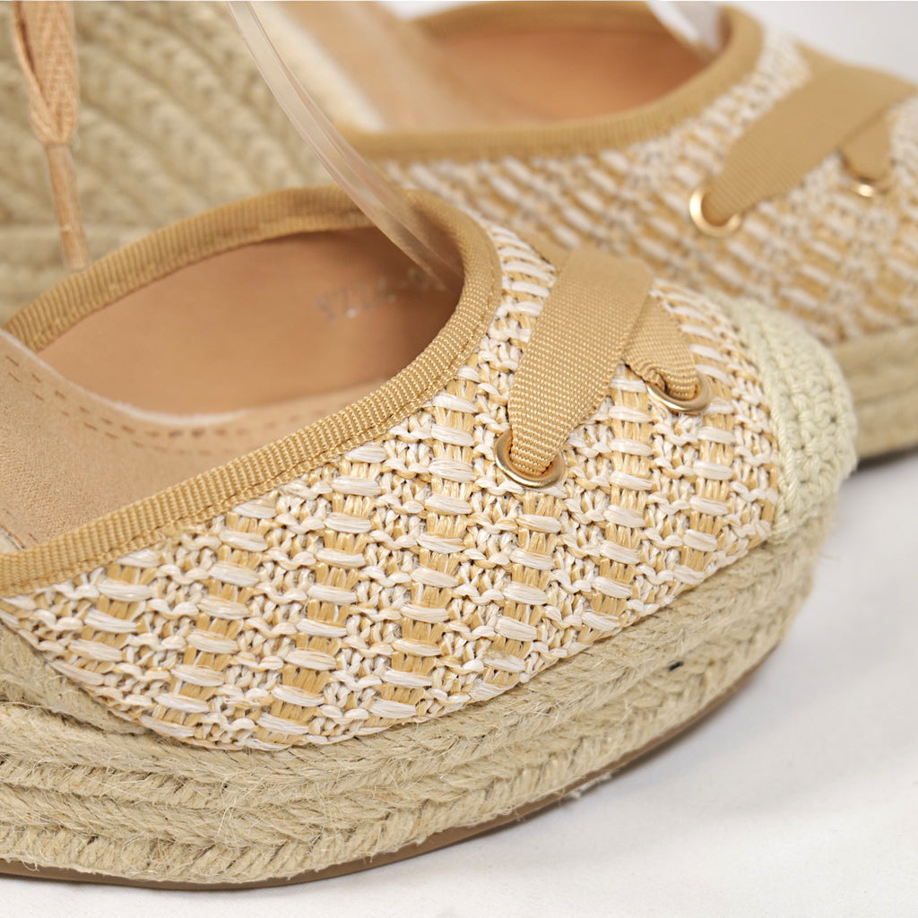 Sandalias con cuña alta de yute para mujer color anaranjado con cinta atada al tobillo cuñas valencianas