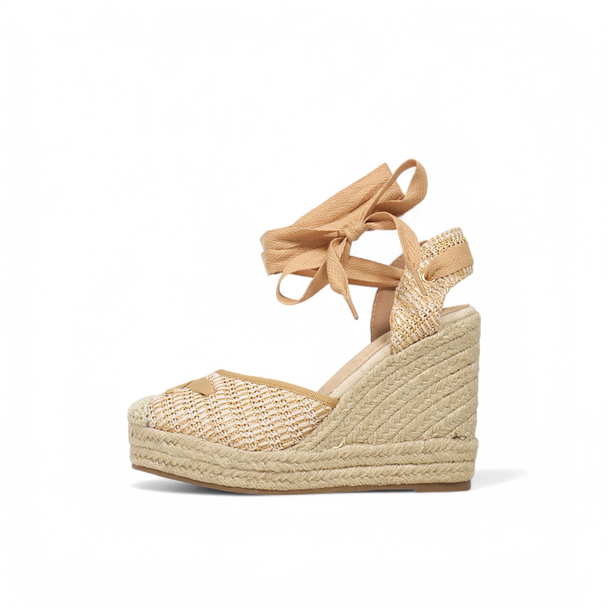 Sandalias con cuña alta de yute para mujer color anaranjado con cinta atada al tobillo cuñas valencianas