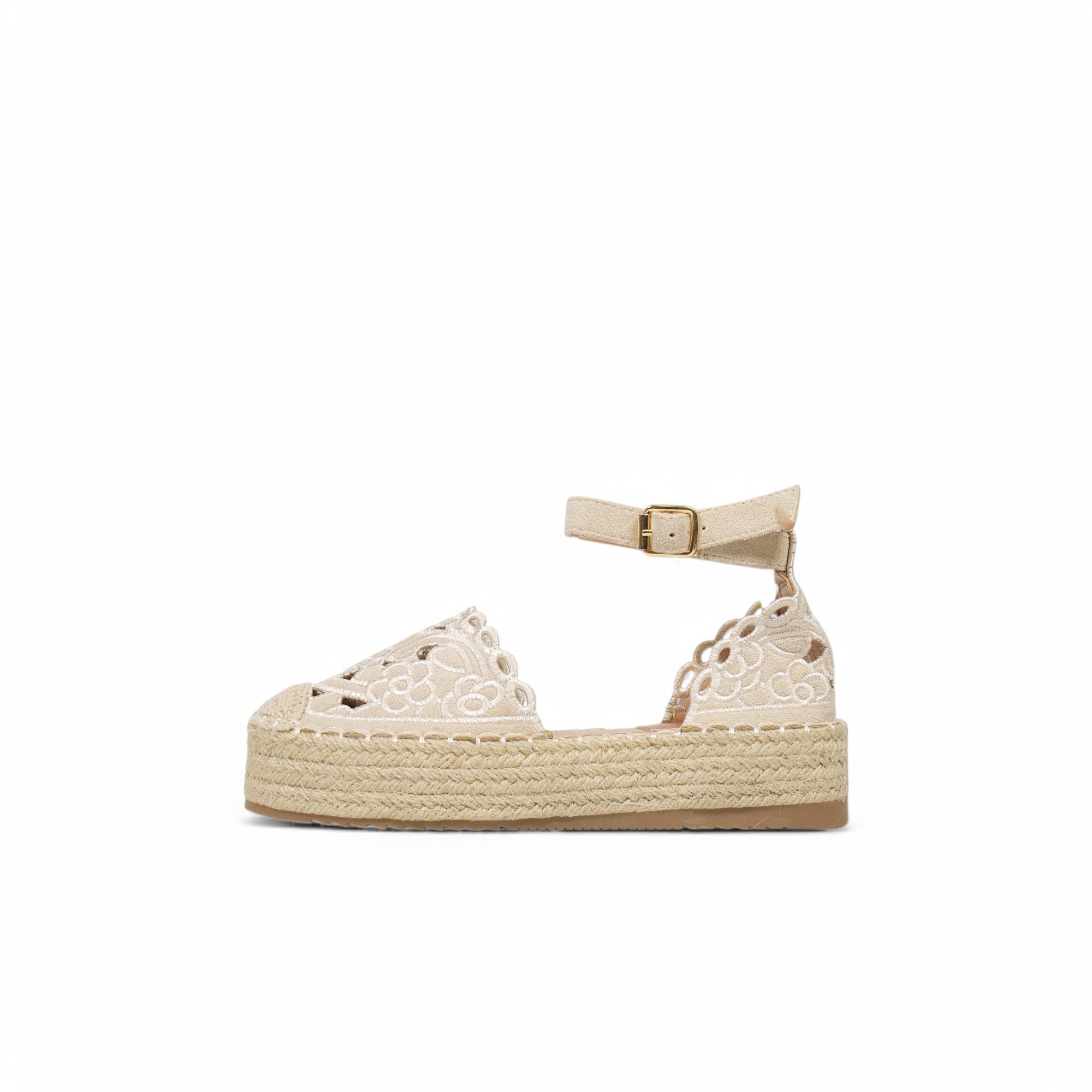 Sandalias espadrille con plataforma de yute para mujer, alpargatas con pulsera al tobillo y hebilla, diseño bordado calado en cuero sintético metalizado, sandalias de verano con plataforma cómoda para looks casuales y eventos
