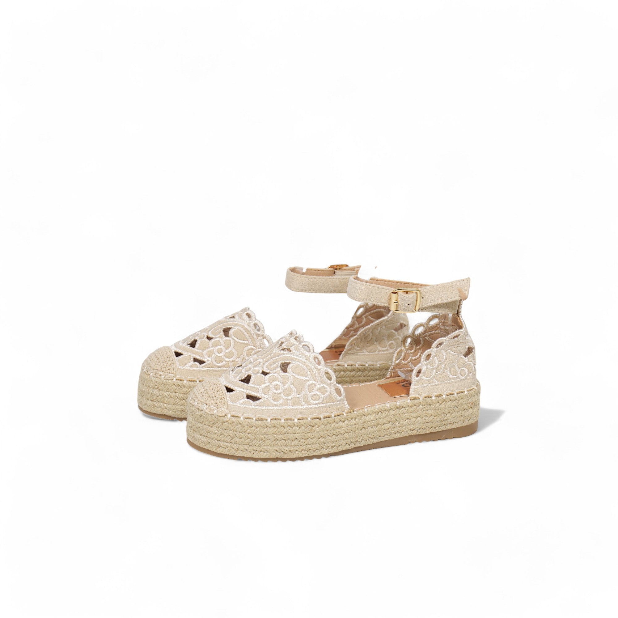 Sandalias espadrille con plataforma de yute para mujer, alpargatas con pulsera al tobillo y hebilla, diseño bordado calado en cuero sintético metalizado, sandalias de verano con plataforma cómoda para looks casuales y eventos