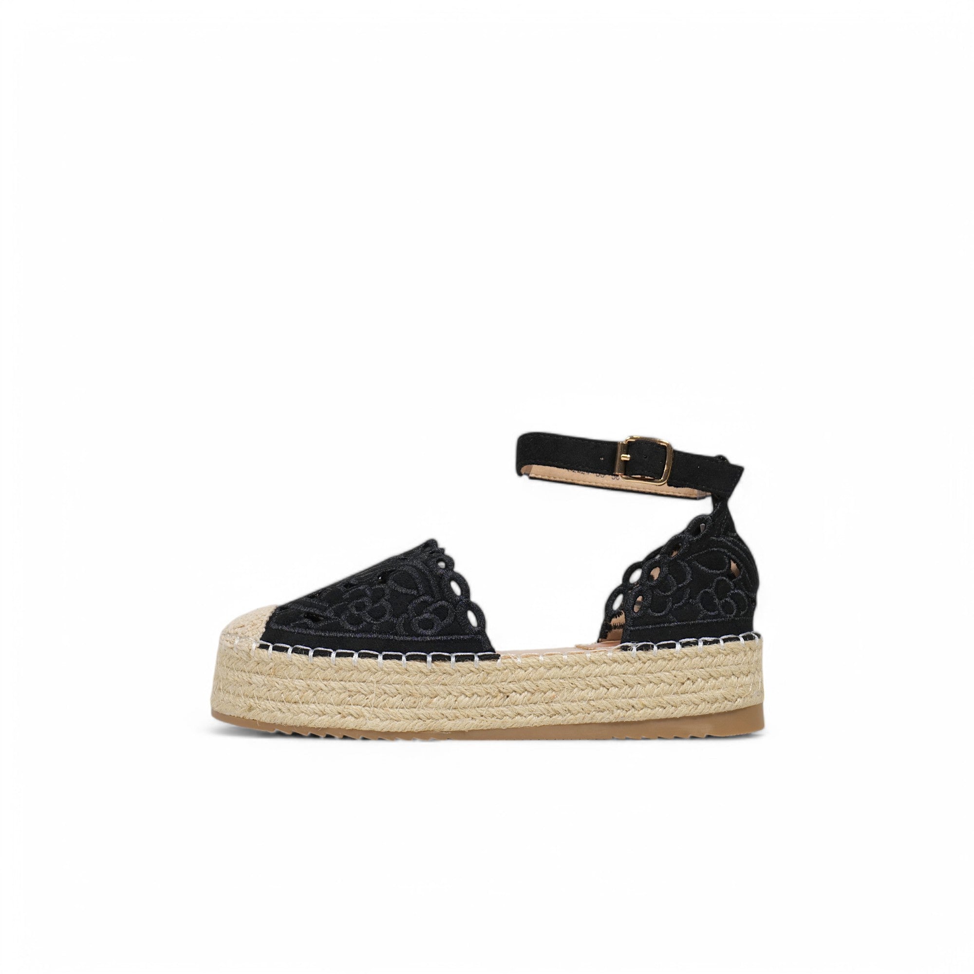 Sandalias espadrille con plataforma de yute para mujer, alpargatas con pulsera al tobillo y hebilla, diseño bordado calado en cuero sintético metalizado, sandalias de verano con plataforma cómoda para looks casuales y eventos