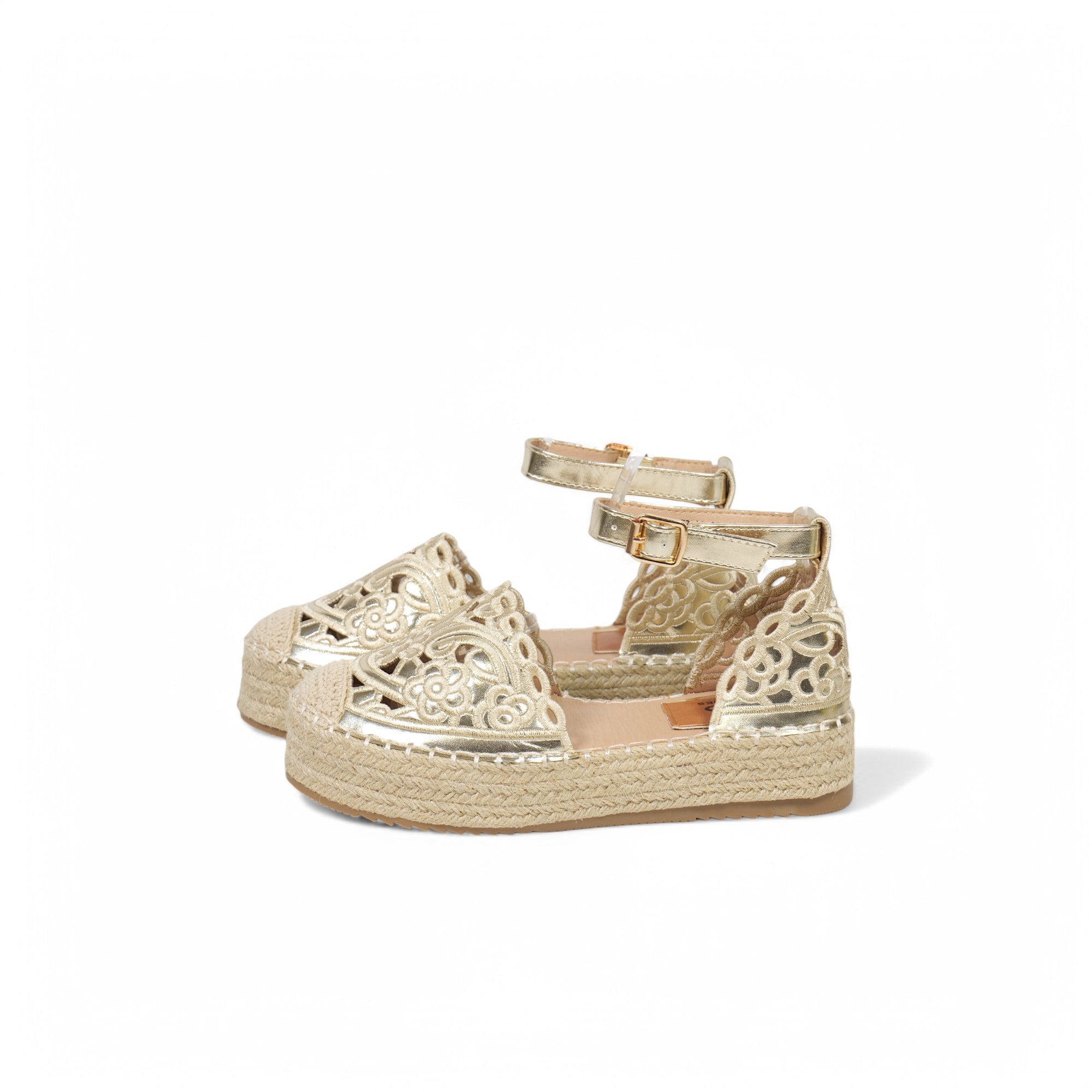 Sandalias espadrille con plataforma de yute para mujer, alpargatas con pulsera al tobillo y hebilla, diseño bordado calado en cuero sintético metalizado, sandalias de verano con plataforma cómoda para looks casuales y eventos