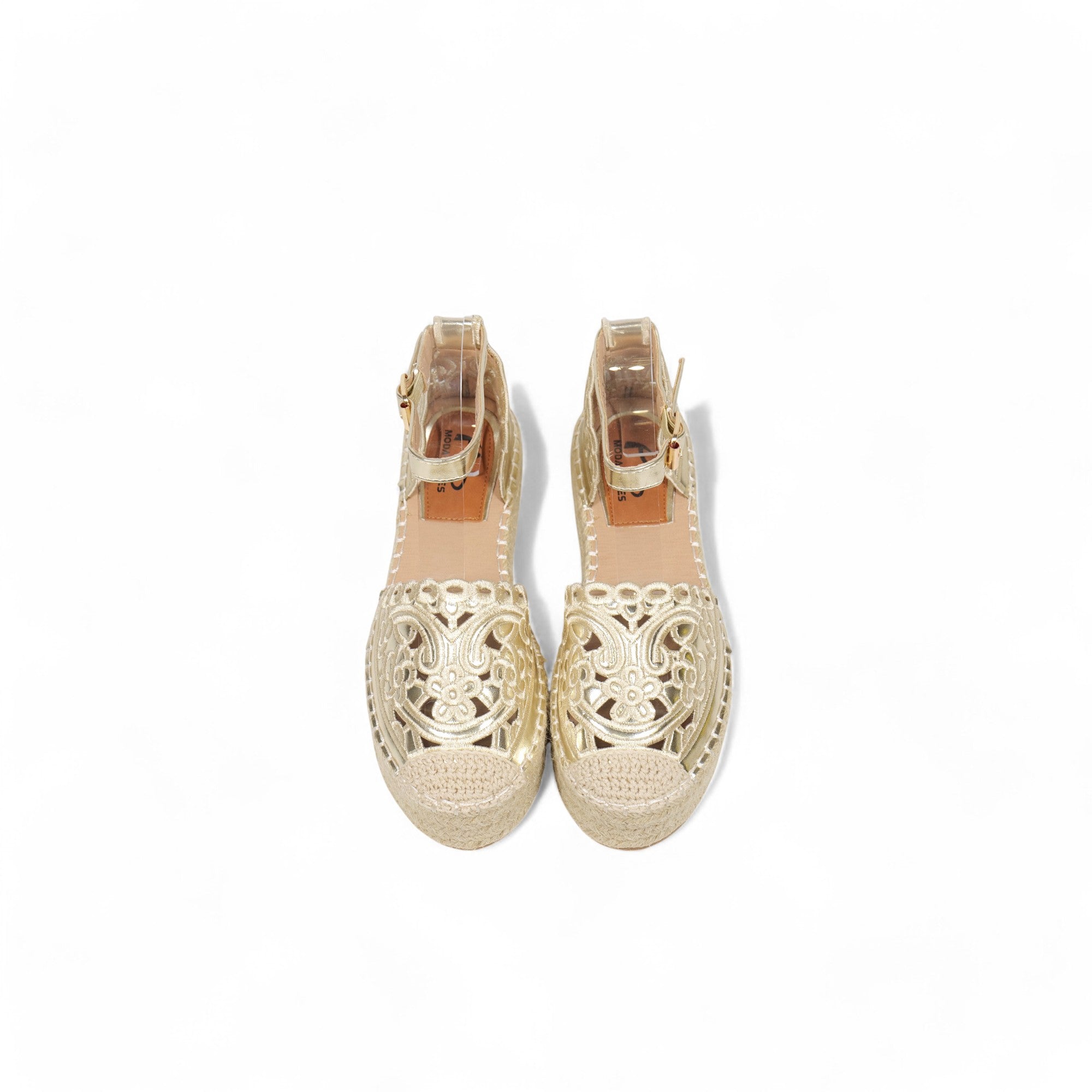 Sandalias espadrille con plataforma de yute para mujer, alpargatas con pulsera al tobillo y hebilla, diseño bordado calado en cuero sintético metalizado, sandalias de verano con plataforma cómoda para looks casuales y eventos