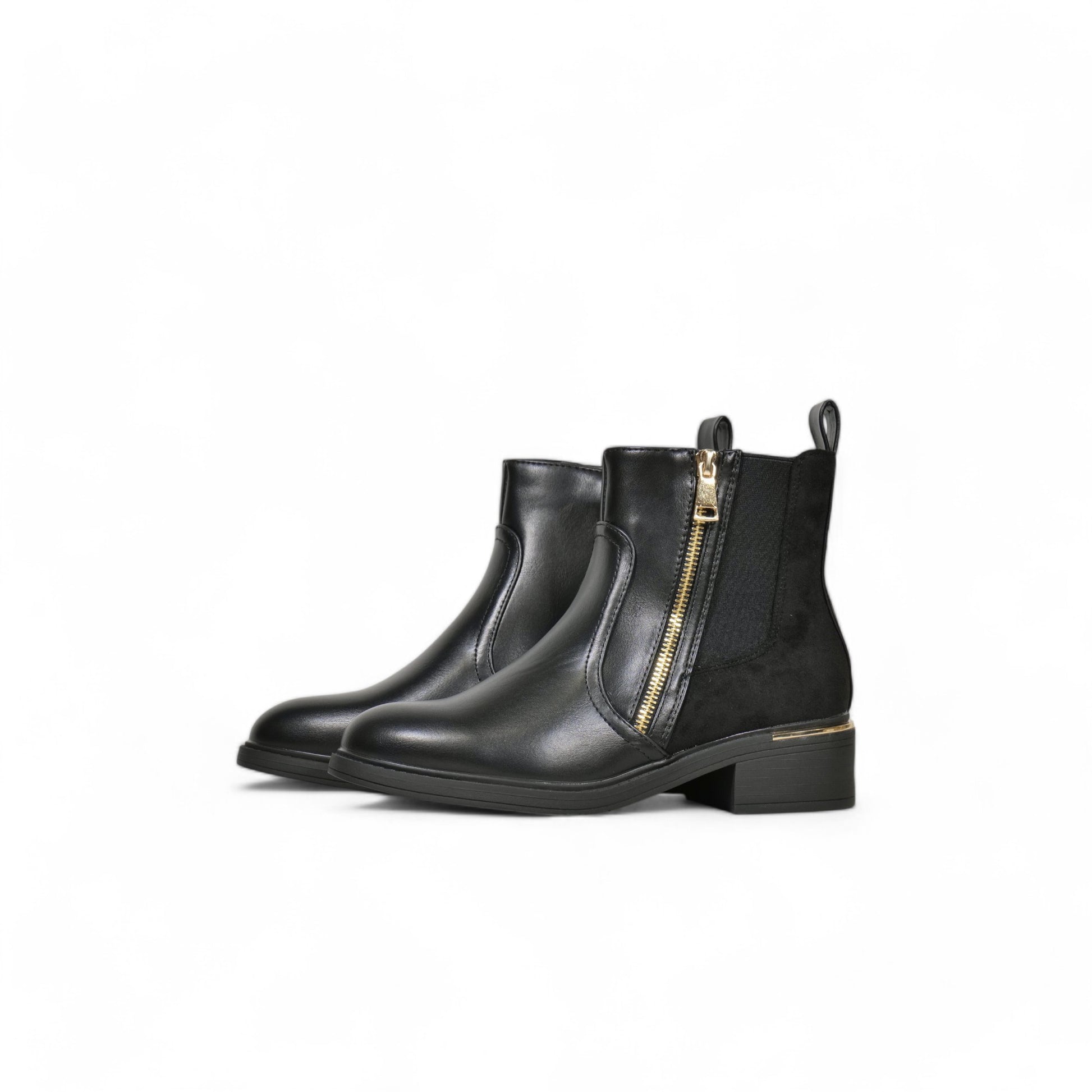 Botines chelsea negros para mujer de cuero sintético con cierre lateral dorado, tacón bajo cuadrado y elástico lateral, estilo elegante y cómodo para uso diario u oficina