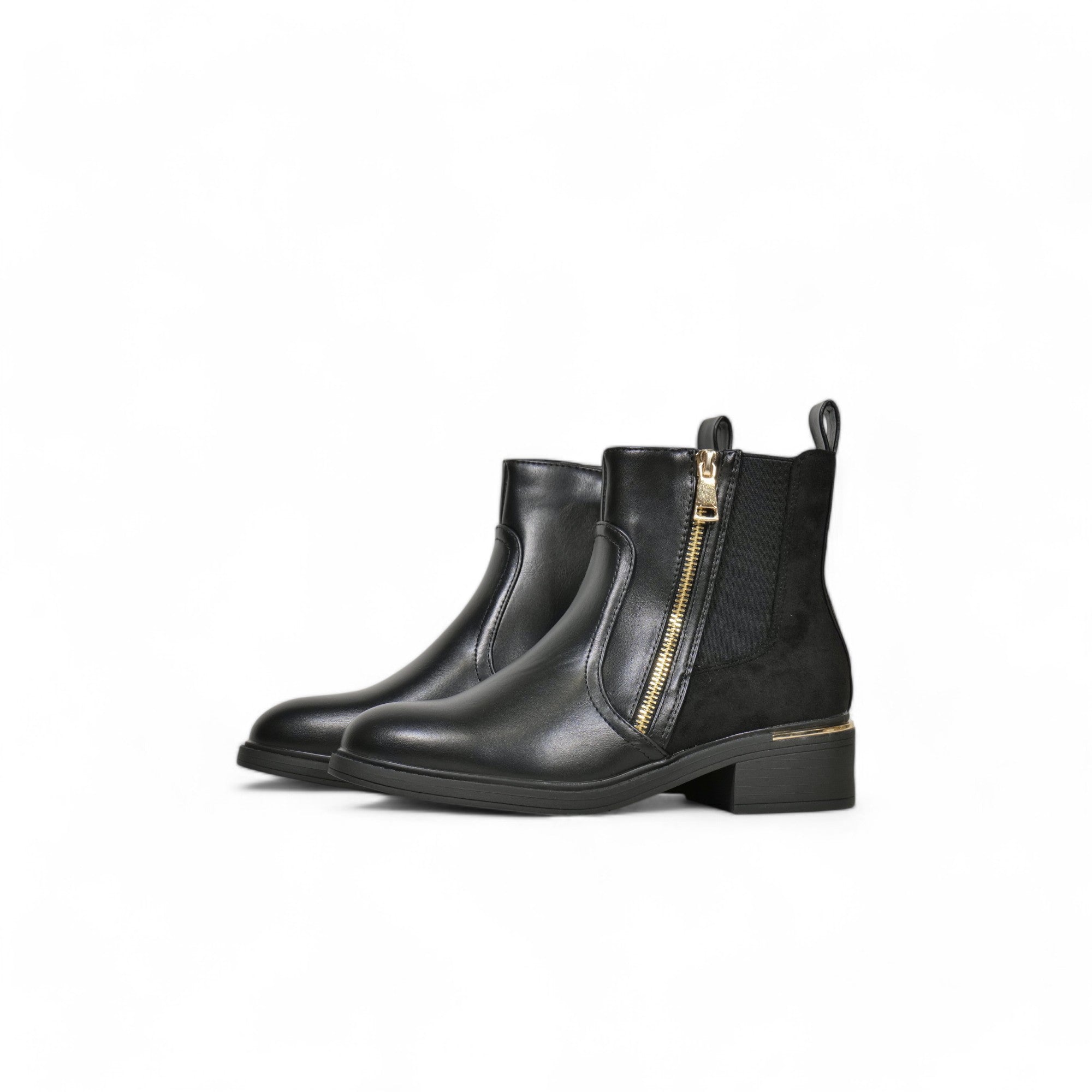 Botines chelsea negros para mujer de cuero sintético con cierre lateral dorado, tacón bajo cuadrado y elástico lateral, estilo elegante y cómodo para uso diario u oficina