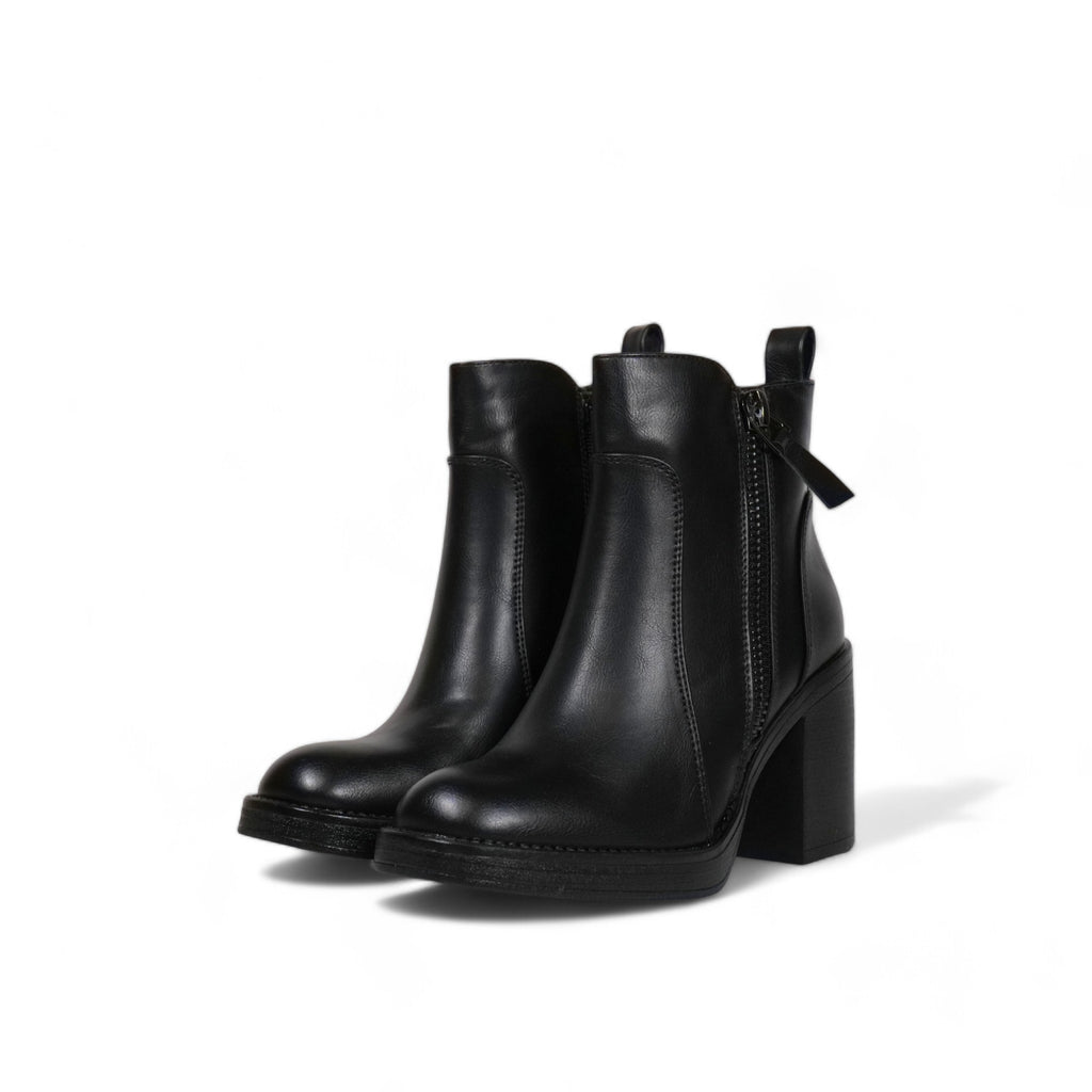 Botín mujer de cuero sintético negro con tacón alto grueso, doble cierre lateral y punta redonda – diseño cómodo para looks casuales y elegantes
