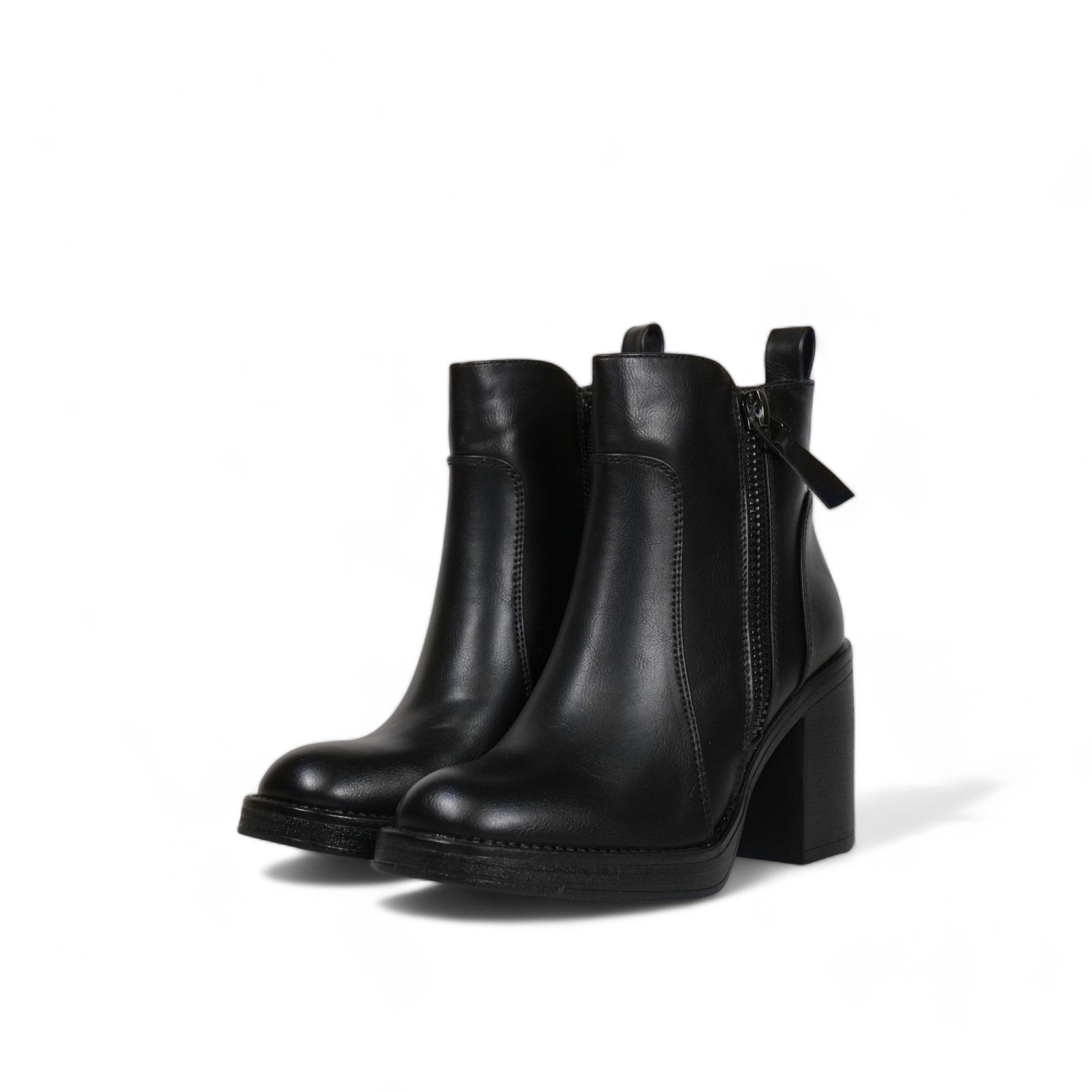 Botín mujer de cuero sintético negro con tacón alto grueso, doble cierre lateral y punta redonda – diseño cómodo para looks casuales y elegantes