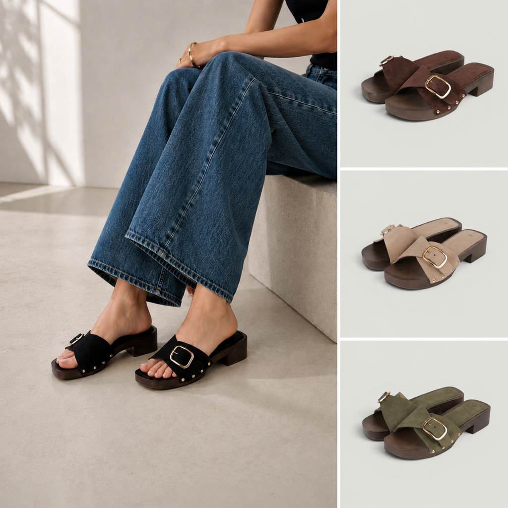 Zuecos Abiertos Tacón Bajo con Hebilla , Zuecos de mujer con acabado efecto gamuza sintética y detalle de hebilla metálica, sandalias cómodas de tacón ancho bajo ideales para verano y looks casuales