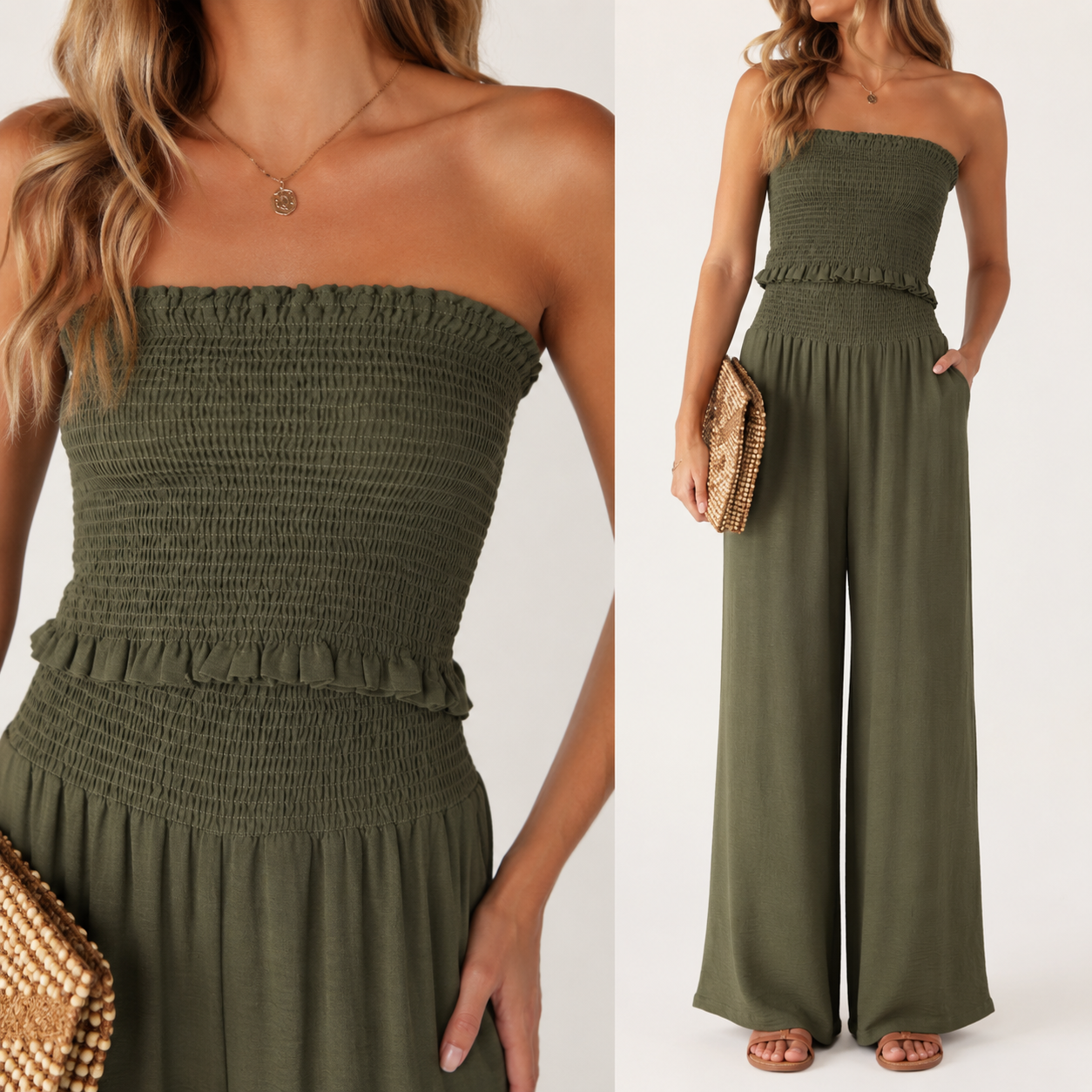 Conjunto Top Fruncido con pantalón ancho fluido y collar largo dorado para verano mujer elegante casual vacaciones cena terraza look ibicenco outfit playa fiesta noche conjunto dos piezas cómodo y fresquito
