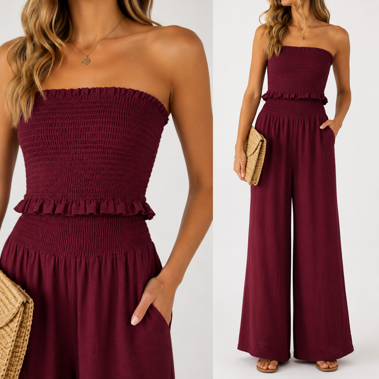 Conjunto Top Fruncido con pantalón ancho fluido y collar largo dorado para verano mujer elegante casual vacaciones cena terraza look ibicenco outfit playa fiesta noche conjunto dos piezas cómodo y fresquito