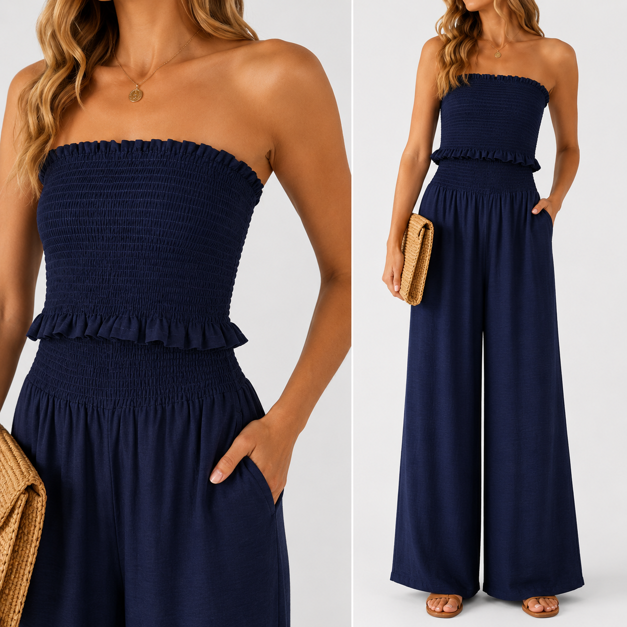 Conjunto Top Fruncido con pantalón ancho fluido y collar largo dorado para verano mujer elegante casual vacaciones cena terraza look ibicenco outfit playa fiesta noche conjunto dos piezas cómodo y fresquito