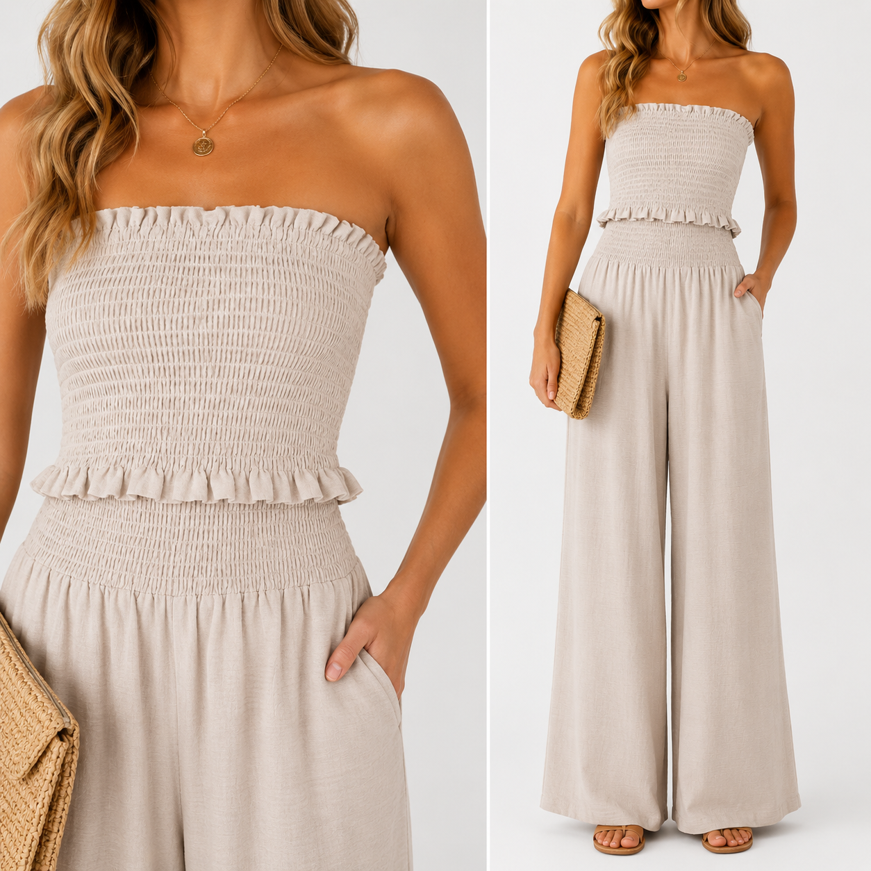 Conjunto Top Fruncido con pantalón ancho fluido y collar largo dorado para verano mujer elegante casual vacaciones cena terraza look ibicenco outfit playa fiesta noche conjunto dos piezas cómodo y fresquito