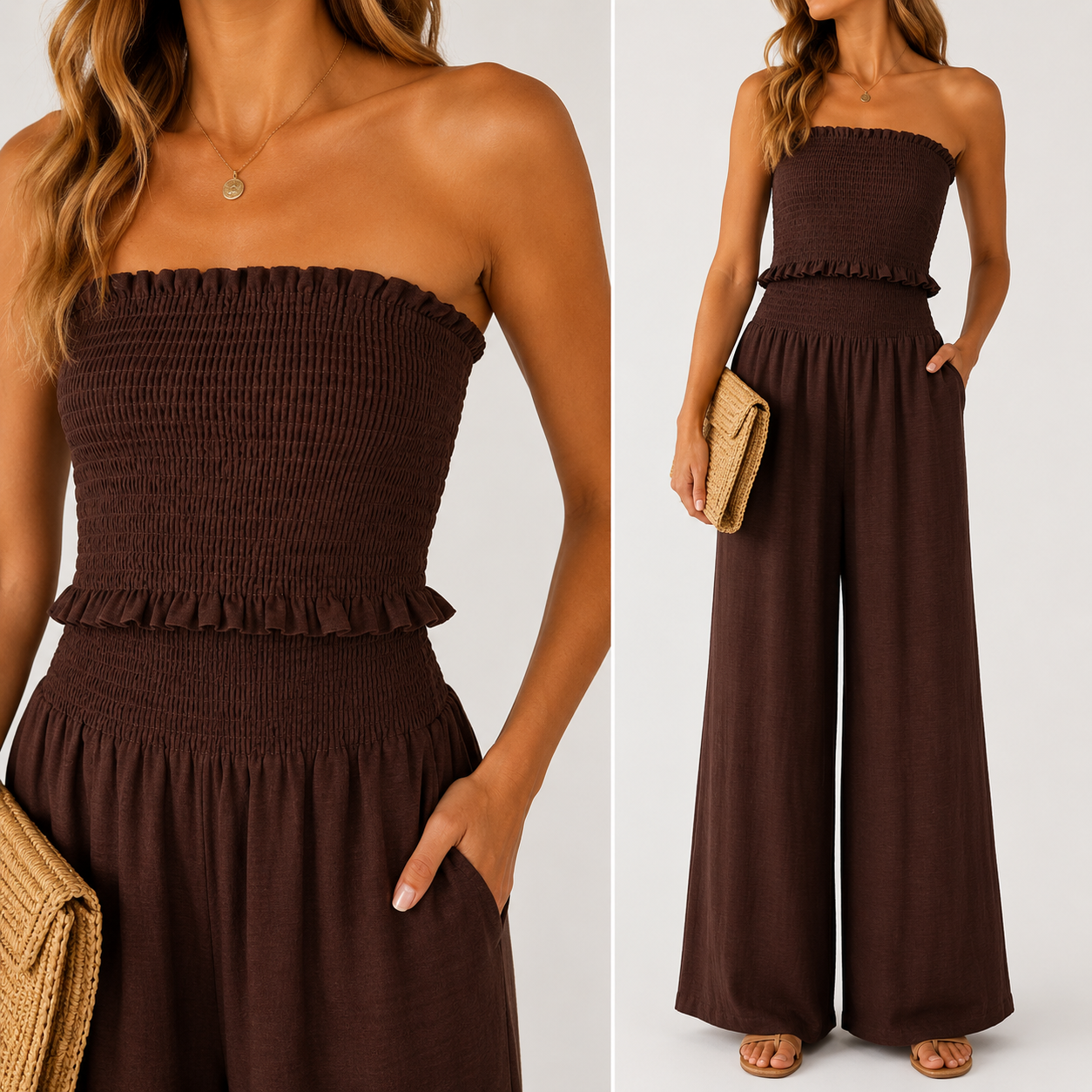 Conjunto Top Fruncido con pantalón ancho fluido y collar largo dorado para verano mujer elegante casual vacaciones cena terraza look ibicenco outfit playa fiesta noche conjunto dos piezas cómodo y fresquito