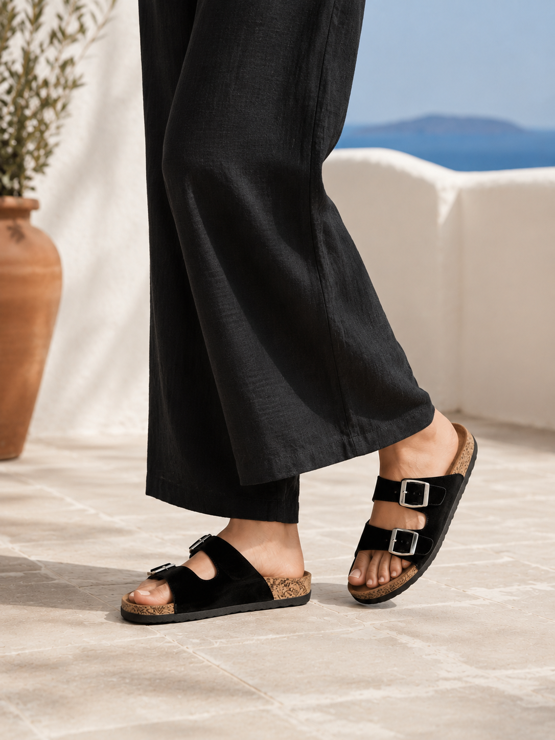 Sandalias planas mujer doble hebilla ajustable para el día a día Sandalias casuales verano con tiras anchas y hebillas metálicas en negro y beige