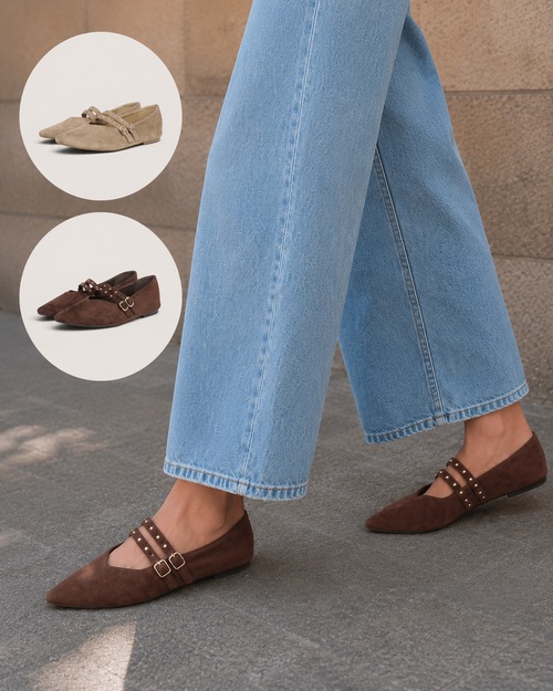 Bailarinas Mujer Planas con Doble Correa y Hebillas Metálicas, Zapatos Tipo Mary Jane de Punta Fina en Gamuza Sintética efecto Terciopelo, Flats Elegantes para Diario y Oficina