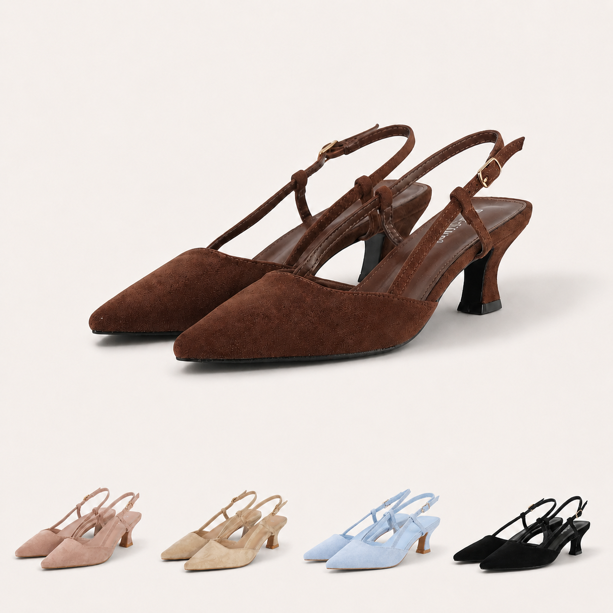 Zapatos de tacón slingback elegantes para mujer con punta fina, zapatos destalonados de terciopelo, tacón bajo cómodo con tira trasera ajustable en beige, rosa, marrón chocolate y negro para comuniones bodas eventos importantes