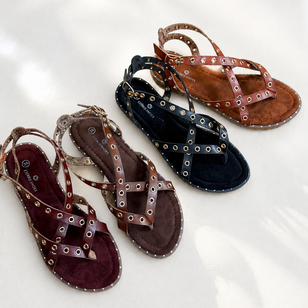 Sandalias Romanas con Tachuelas - Suela flexible y plantilla acolchada - Tachuelas doradas y tiras cruzadas para mujer, estilo casual elegante para verano, ideales para combinar con vestidos largos, faldas boho y looks de vacaciones