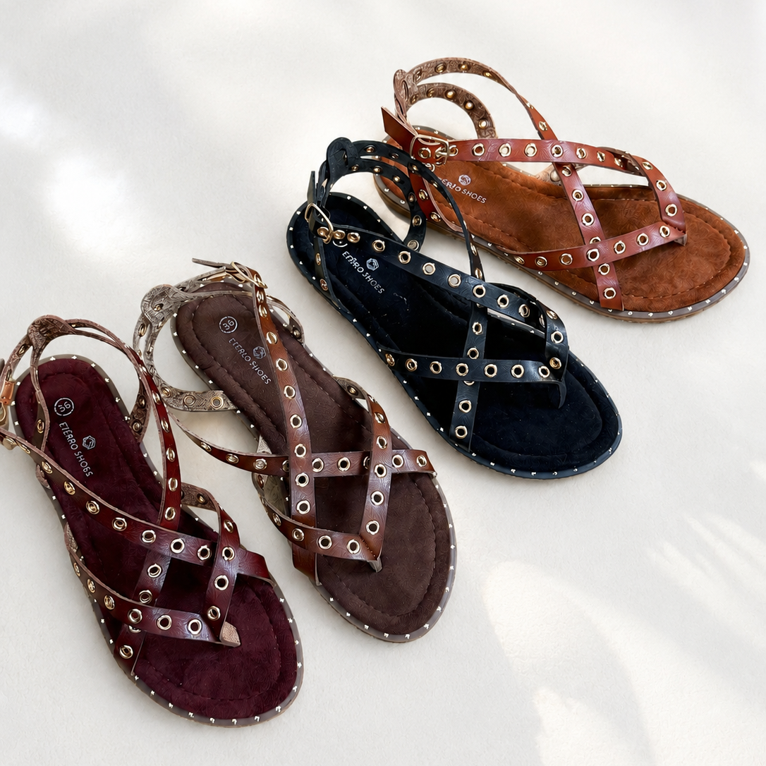 Sandalias Romanas con Tachuelas - Suela flexible y plantilla acolchada - Tachuelas doradas y tiras cruzadas para mujer, estilo casual elegante para verano, ideales para combinar con vestidos largos, faldas boho y looks de vacaciones