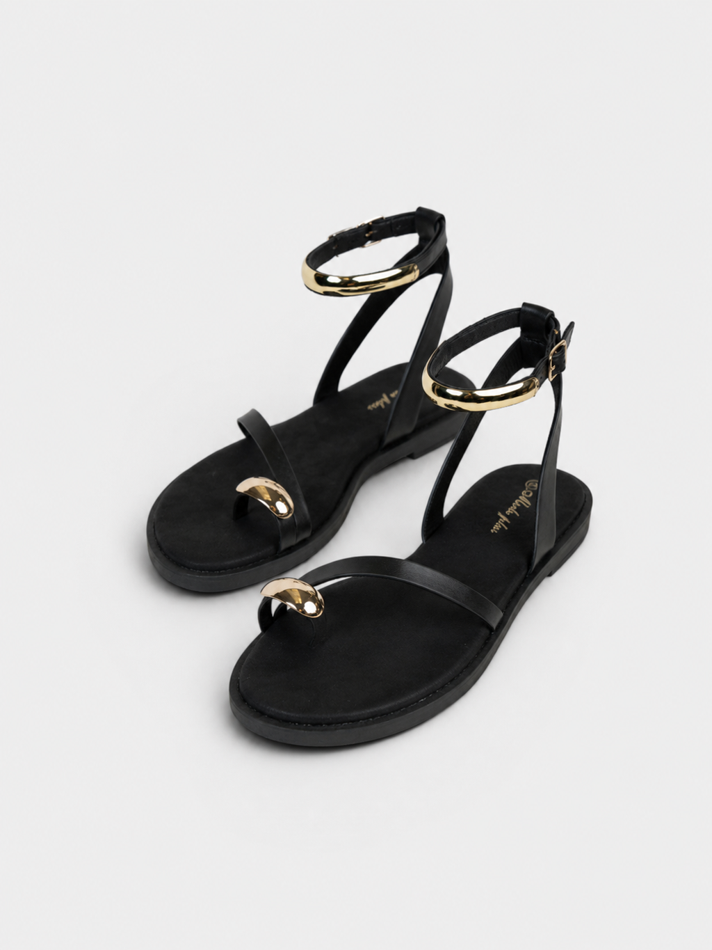 Sandalias Planas Anillo en el Dedo para mujer con pulsera al tobillo y detalle metálico dorado, sandalias elegantes y cómodas para verano, vacaciones, vestidos y looks casuales