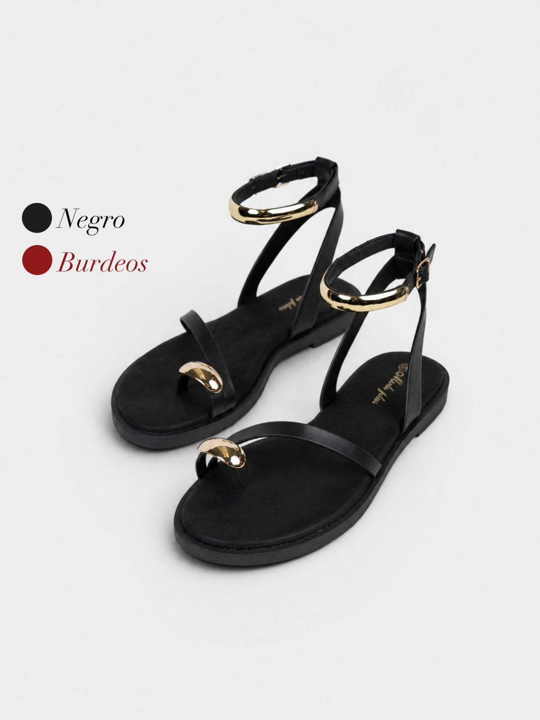 Sandalias Planas Anillo en el Dedo para mujer con pulsera al tobillo y detalle metálico dorado, sandalias elegantes y cómodas para verano, vacaciones, vestidos y looks casuales