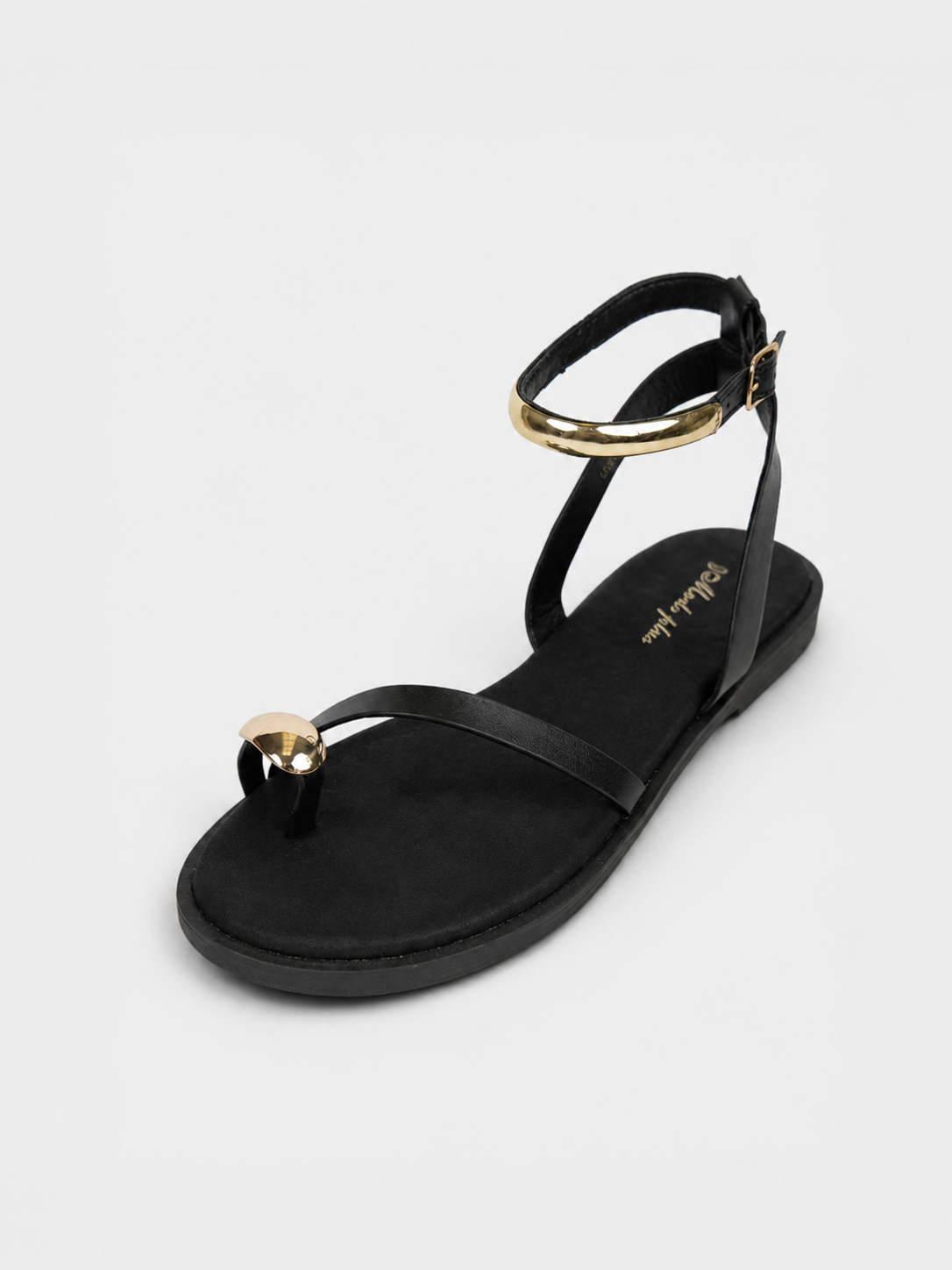Sandalias Planas Anillo en el Dedo para mujer con pulsera al tobillo y detalle metálico dorado, sandalias elegantes y cómodas para verano, vacaciones, vestidos y looks casuales