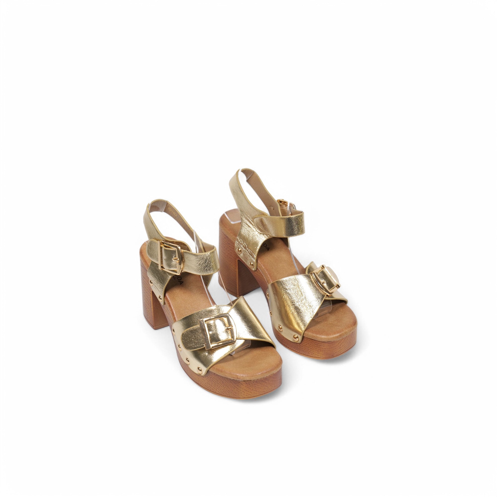 Sandalias doradas con plataforma y tacón alto – Estilo retro glam con doble hebilla y detalles metálicos – Perfectas para fiestas, looks de noche o verano chic