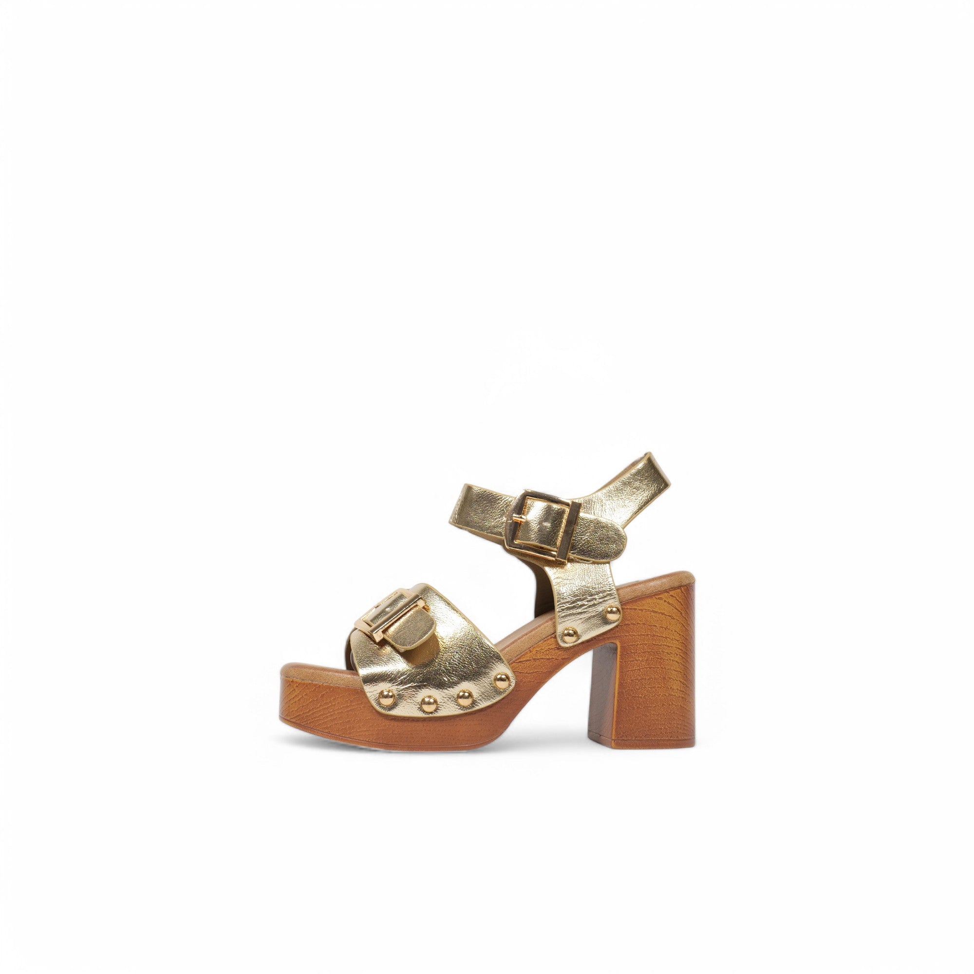 Sandalias doradas con plataforma y tacón alto – Estilo retro glam con doble hebilla y detalles metálicos – Perfectas para fiestas, looks de noche o verano chic